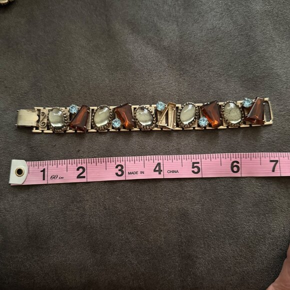 Vintage Gold-Tone Bracelet & Clip-On Earrings Set W/ Amber & Blue Rhinestones - Picture 6 of 6